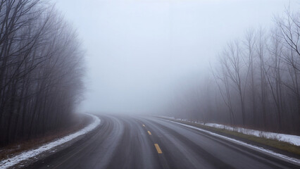 A deserted road disappearing into thick fog, creating a mysterious and eerie atmosphere. The cold winter tones and snowy edges add a dramatic effect. 