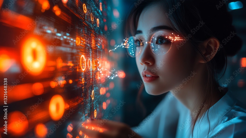 Poster A researcher engages with a digital interface showcasing vibrant representations of qubits and quantum concepts. The environment emphasizes the fusion of technology and physics.
