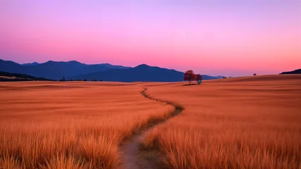 Foto op Canvas A breathtaking view of a rural landscape at sunset with a winding path leading into the horizon. The sky glows in shades of pink and purple, creating a warm and dreamy atmosphere. © quinnbrak