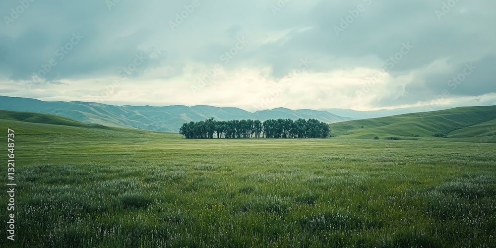 Poster A distant view of a tree line at the edge of a vast green meadow. 