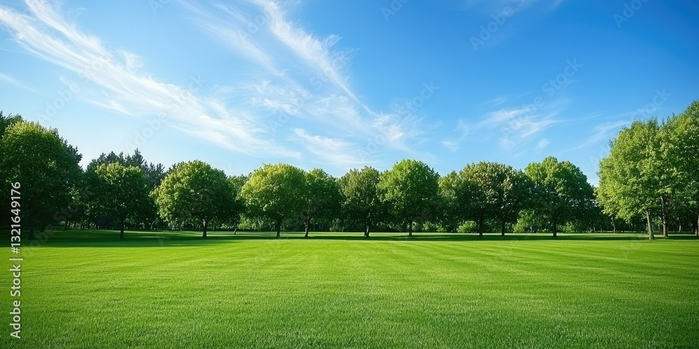 Poster A distant view of a tree line at the edge of a vast green meadow. 