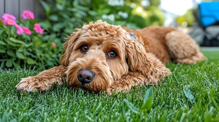 Fototapeta premium Adorable dog resting in a grassy yard with flowers