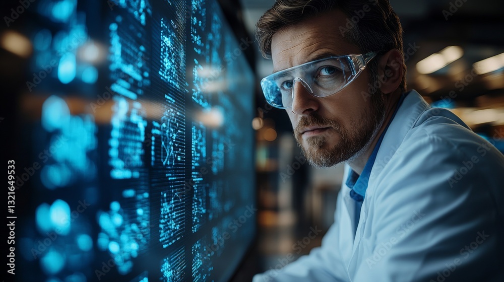 Aufkleber a scientist wearing protective eyewear studies quantum mechanics principles on a digital interface, 