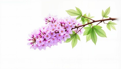 Cherry blossom branch with pink flowers against white background