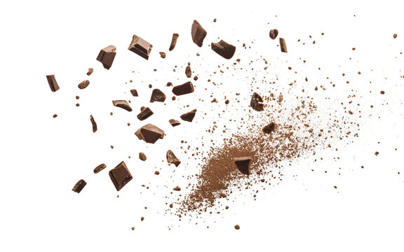 Fototapeta Flying pieces and powder of broken red brick