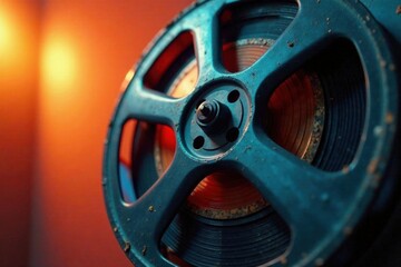 Obraz premium Retro film reel with blue & orange mask, vintage style , blue and orange, cinema, background