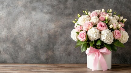 Delicate arrangement of roses and hydrangeas in a round gift box, perfect for Valentine's Day or celebrating women in your life