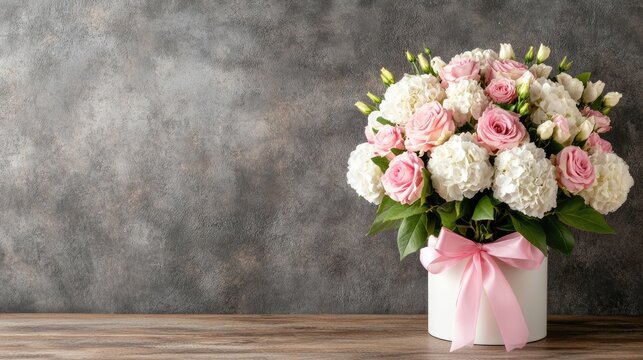 Delicate arrangement of roses and hydrangeas in a round gift box, perfect for Valentine's Day or celebrating women in your life
