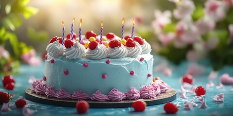 Beautiful cake decorated with cream, raspberries, and candles in a garden setting during a sunny afternoon celebration