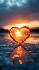 Heart-shaped object glowing with sunset at a serene lakeside in the evening