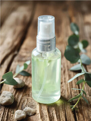 3d spray bottle,serum spray, glass spray bottle,perfume,realistic cosmetic bottles,hair spray bottle,transparent,wood,nature,realistic