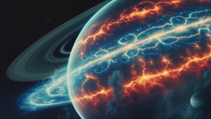 Obraz premium A striking view of a brightly colored planet with fiery patterns, featuring swirling energy trails. Nearby, elegant rings and other celestial spheres enhance the cosmic landscape