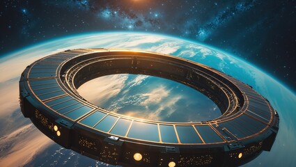 A large circular space station orbits Earth, showcasing its intricate design and solar panels. Surrounding stars create a breathtaking cosmic atmosphere during twilight