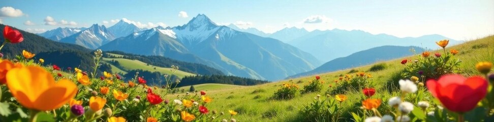 Fototapeta premium Rolling hills, distant snow-capped mountains, wildflowers in foreground, vegetation, calm, beautiful