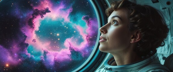 Naklejka premium An astronaut gazes in awe at the vibrant nebulae and celestial bodies outside their spacecraft's window, reflecting the beauty of the universe