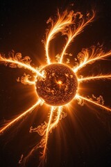 An intense display of solar flares emanating from the sun illustrates the powerful interactions of magnetic fields. The vivid orange and yellow colors highlight the energy released into space