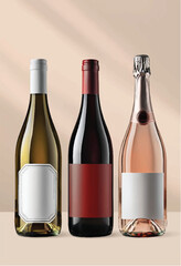 3d wine bottle render,glass bottle, black wine, champagne,multiple bottles, without label, realistic bottles, vibrant background