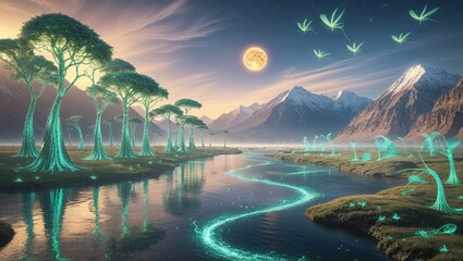 A magical landscape features luminescent trees lining a serene river. Majestic mountains rise in the background as a full moon casts an otherworldly glow over the scene