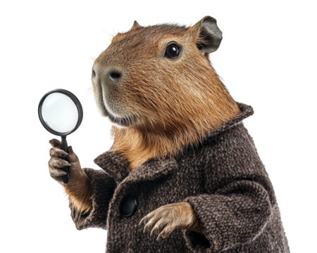 capybara dressed as detective, holding tiny magnifying glass, exudes playful and curious vibe. This whimsical character adds touch of humor and charm to any scene