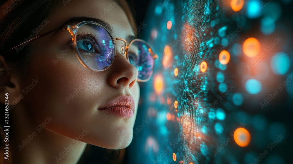 Poster a young woman with glasses gazes intently at a vibrant representation of quantum mechanics concepts,