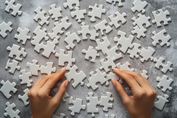 Hands arranging puzzle pieces in the shape of a business plan, copy space, flat design illustration.