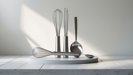 Kitchen utensils arranged on a pedestal in soft natural light, showcasing modern design and functionality