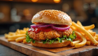 Juicy chicken burger served with golden French fries on wooden board. Delicious fast food meal includes crispy bun, lettuce, tomatoes, onion and red sauce. Perfect lunch, dinner snack.