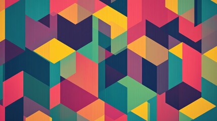 Obraz premium Colorful Geometric Pattern Featuring Abstract Shapes with Triangles, Squares, and Rectangles in Vibrant Pink, Yellow, Green, and Blue Hues