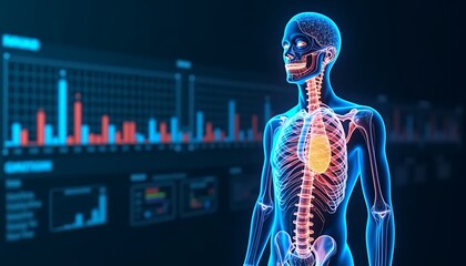 Human skeleton with highlighted internal organs