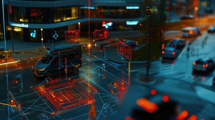 Urban Intersection with Digital Interface Overlays Featuring a Van Under Evening Lights in a Modern Cityscape