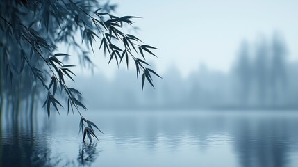 Obraz premium Serene Misty Landscape with Bamboo Leaves Reflecting in Calm Water Surface