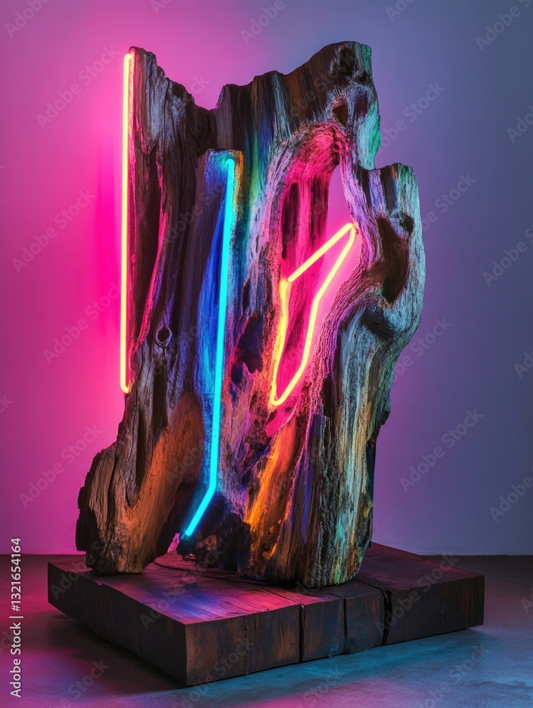 Poster a large wooden structure lit up by neon lights, suitable for use in advertising or event decorations