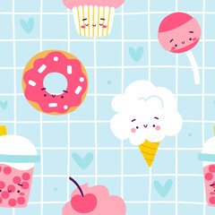 Cute sweets pattern. Cartoon seamless vector print with kawaii sweet food.