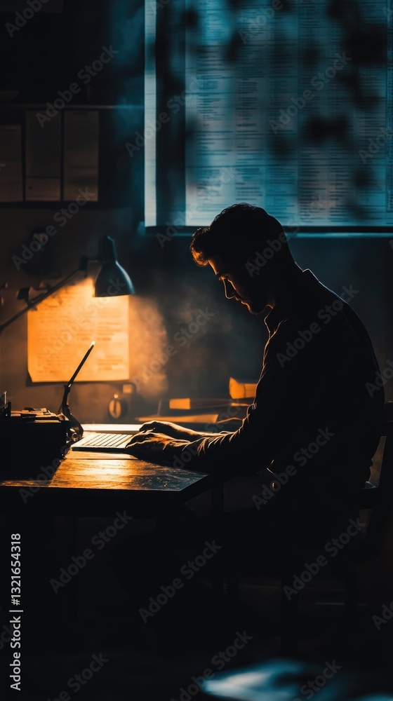 Poster a person sitting at a desk with a laptop open, possibly working or browsing