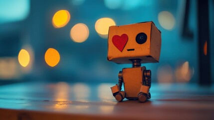 Cute Cardboard Robot with Heart  Bokeh Lights Background