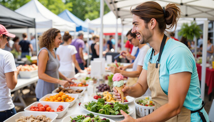 Smiling vendor serving ice cream at farmer's market, summer joy