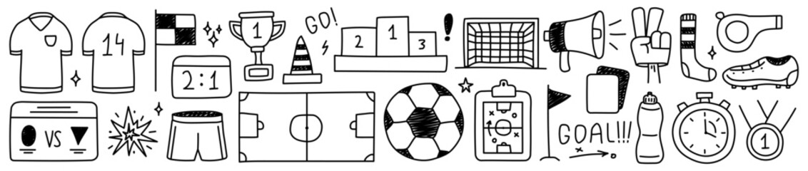 Hand-drawn football set. Football doodle icon set. Vector.