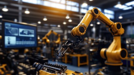 Industrial robotic arm in an automated factory setting working with precision in a modern production environment