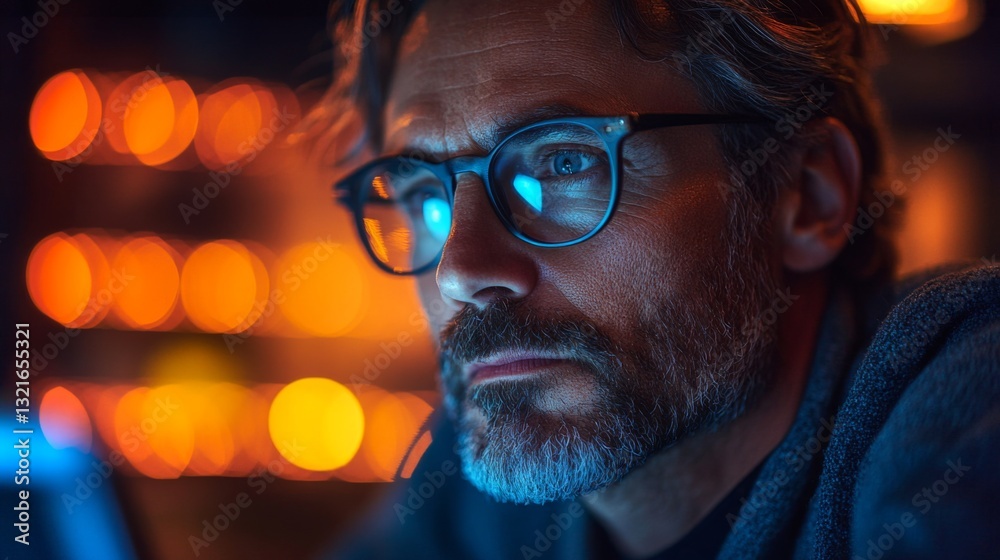 Poster A researcher deeply engaged in studying quantum computing concepts, surrounded by a warm, ambient glow. His concentration highlights topics such as qubits and entanglement late at night.