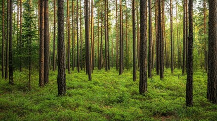 Fototapeta premium A dense pine forest background, perfect for a serene, natural theme 