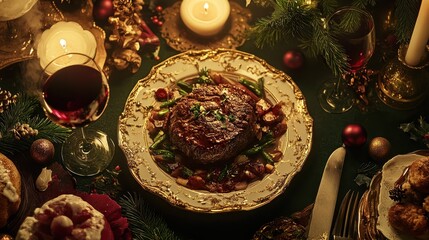 Fototapeta premium Luxurious Christmas Dinner Gourmet Steak Candles and Festive Decor