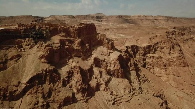 Aerial View of historic remains and desert in Massada