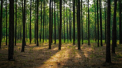 Obraz premium A dense pine forest background, perfect for a serene, natural theme