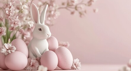 Obraz premium White Easter Bunny with Pink Eggs and Flowers on Pink Background