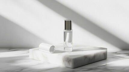 Elegant perfume bottle mockup on marble podium with sunlight shadows