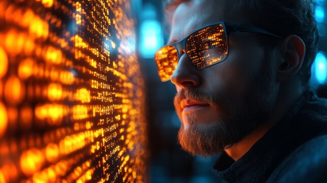 A person wearing futuristic sunglasses gazes at a glowing wall filled with binary code and quantum computing terms. This reflects the merging of human intellect with advanced technology.