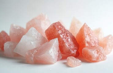 Himalayan salt crystals on white background. Pink, red shades from ancient sea beds. Rich in trace minerals, cooking, spa, wellness concepts. Kitchen salt ingredient, healthy lifestyle.