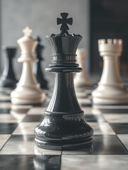 Fototapeta premium A close-up of a king chess piece on a chessboard, with other chess pieces blurred in the background, highlighting the importance and dominance of the king in the game of chess.