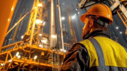 Worker in Safety Gear Observing Oil Rig Operations in Industrial Environment with Dramatic Lighting Effects