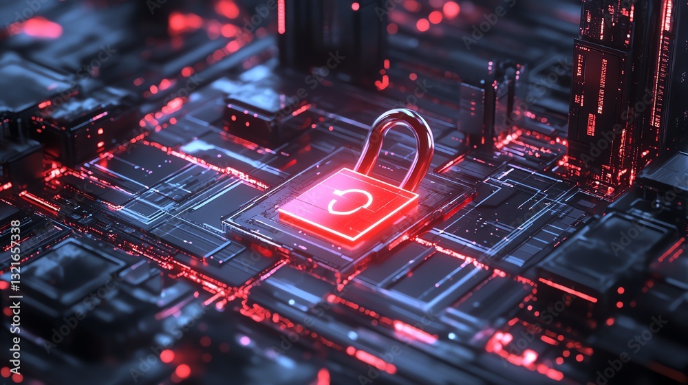 Poster endpoint detection and response edr concept with a digital padlock icon surrounded by complex cybers